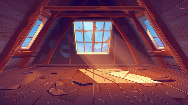 Attic interior with wooden beams floor and window Old abandoned garret room with broken wood floor and large window modern illustration