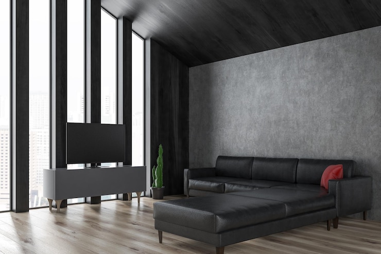 Photo attic living room corner with gray and dark wooden walls, wooden floor and black leather sofa standing near the tv set. 3d rendering