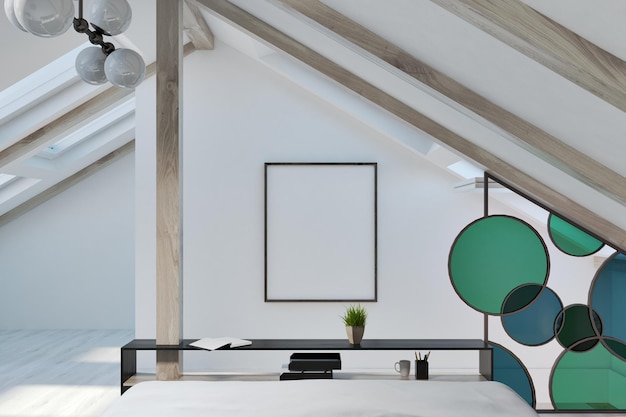 Attic office interior with an original table and glass decoration elements. A framed vertical poster on the wall. 3d rendering mock up