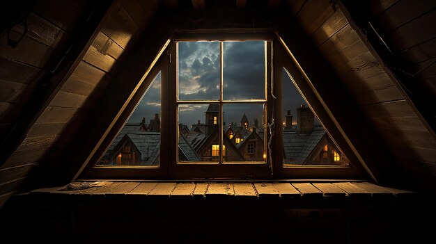 attic room in an old house looking out from an attic room vintage home concept