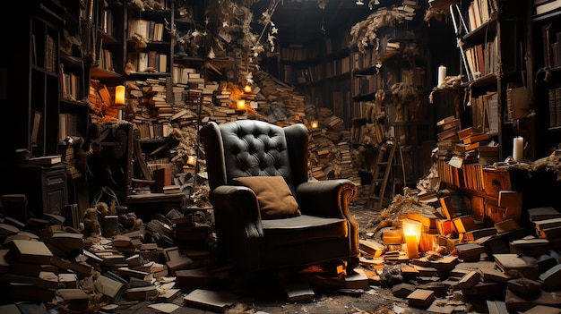 Attic Room Overflowing with Books and a Cozy Chair