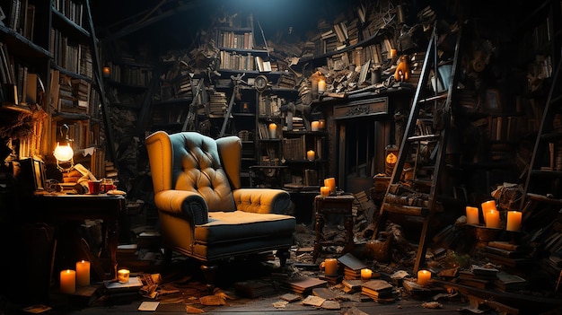 Attic Room Overflowing with Books and a Cozy Chair