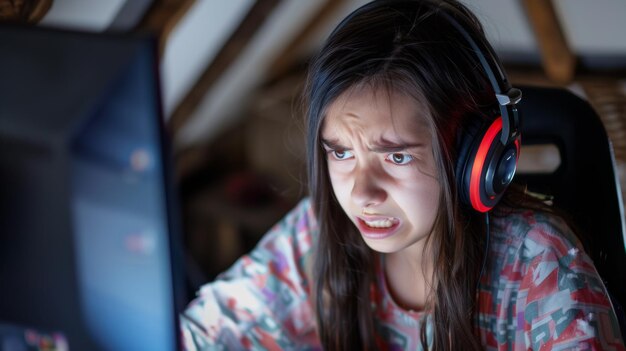 Photo in an attic room a teenager cries in front of a computer