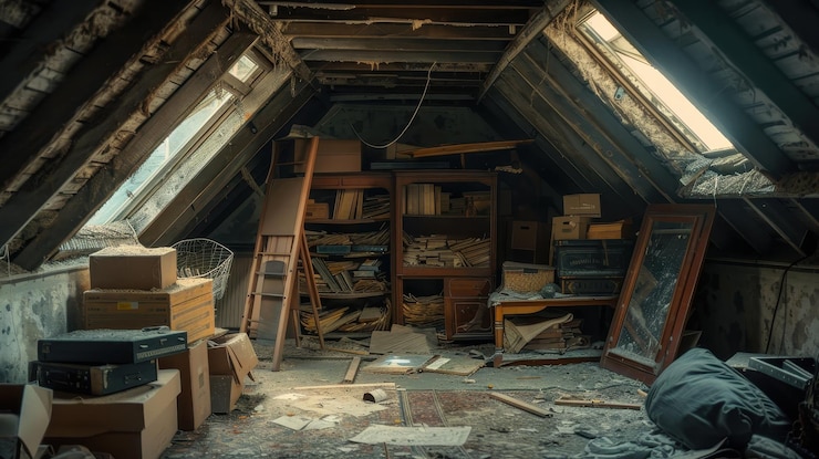 Photo attic with dusty items