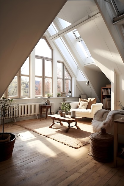 An attic with Scandinavian interior design with plenty of natural light