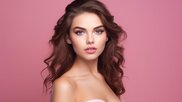 Attractive advertising model on pink backdrop with room for content