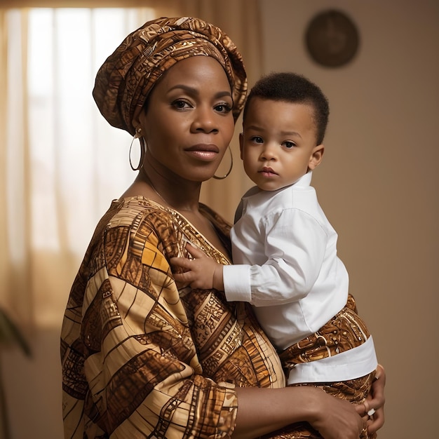 Attractive african american mother with her boy clothes wearing african style