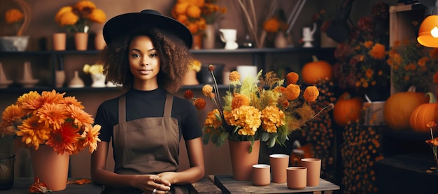 꽃 가게에서 일하는 매력적인 아프리카계 미국인 여성 꽃 판매자 할로윈 축하를 위해 가을 장식을 만드는 것