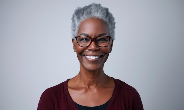 Attractive African senior man in glasses having wide charming smile stand alone indoor