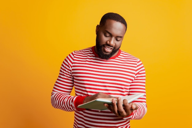 L'attraente studente africano legge il libro e si gode le pagine dell'hobby sul muro giallo