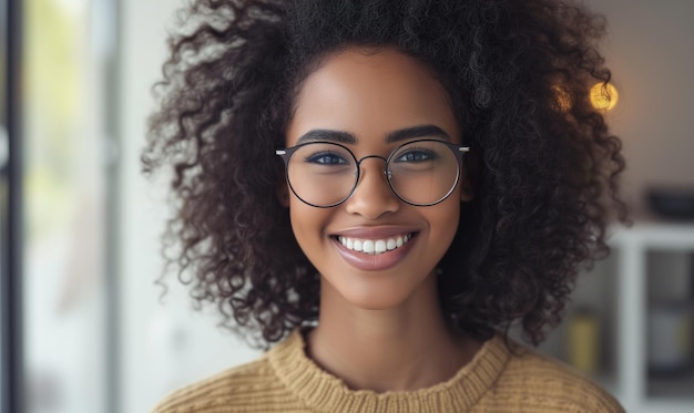 Attractive African woman in glasses having wide charming smile stand alone indoor