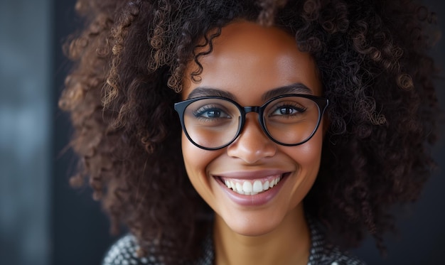 Attractive African woman in glasses having wide charming smile stand alone indoor