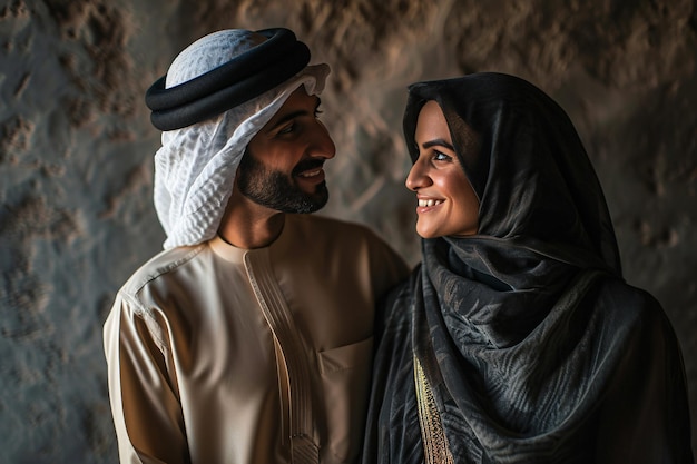 Attractive Arabian pair dressed in traditional abaya and kandora enjoying themselves in a Dubai studio