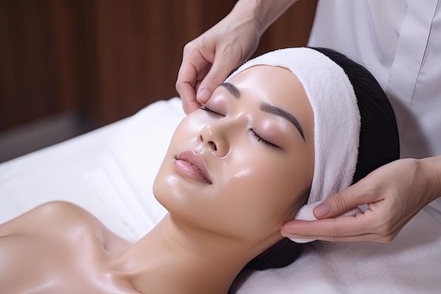 Привлекательная азиатка проходит косметические процедуры для лица в спа-салоне