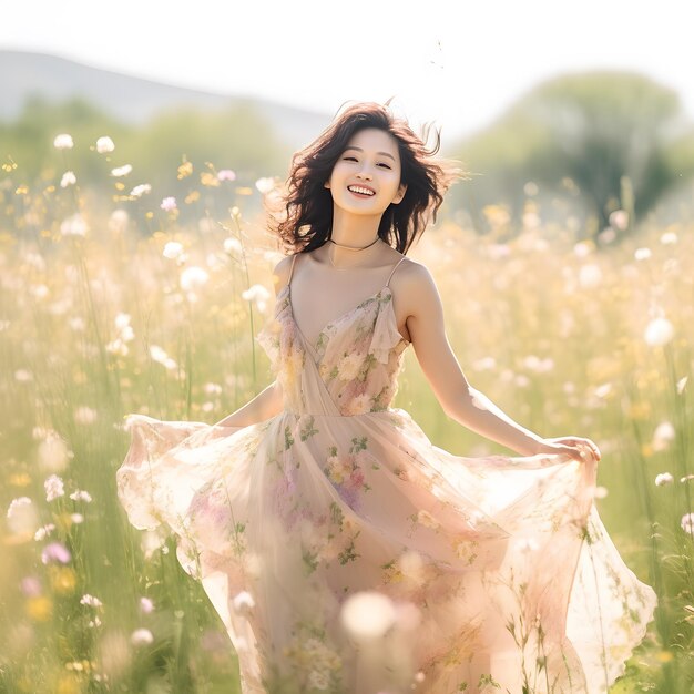 An attractive Asian female model is smiling and standing in a white background wearing a flowy past