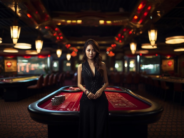 Attractive Asian woman casino dealer at luxury background