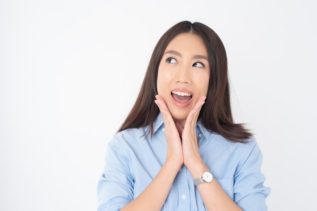 Attractive Asian woman portrait  on white wall