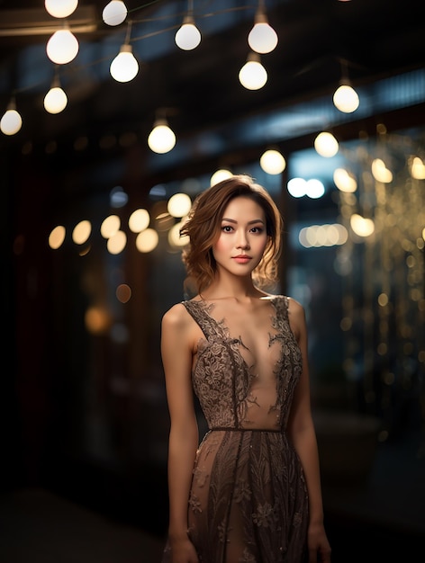 Attractive Asian woman at romantic bokeh background