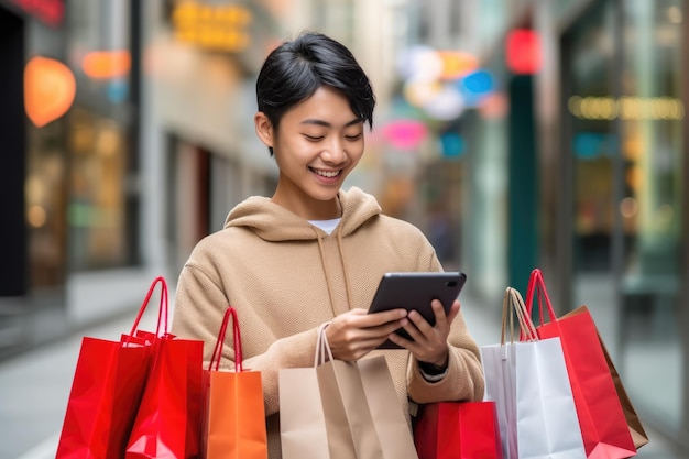 스마트폰 앱과 쇼핑 가방을 보여주는 매력적인 아시아 여성은 애플리케이션 스탠드를 통해 온라인으로 구매합니다.