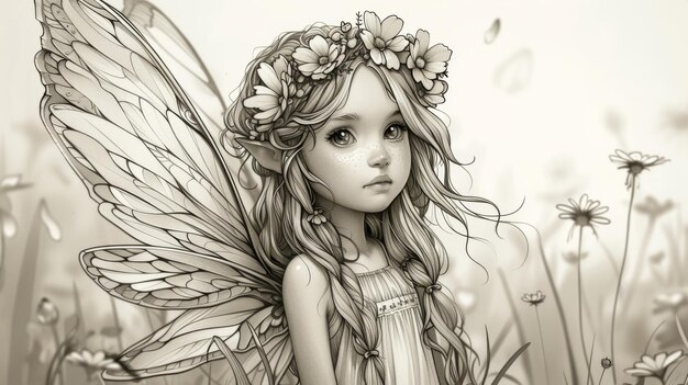 Photo attractive attractive cute flower fairy princess coloring book outline sketch character design isolated on white background