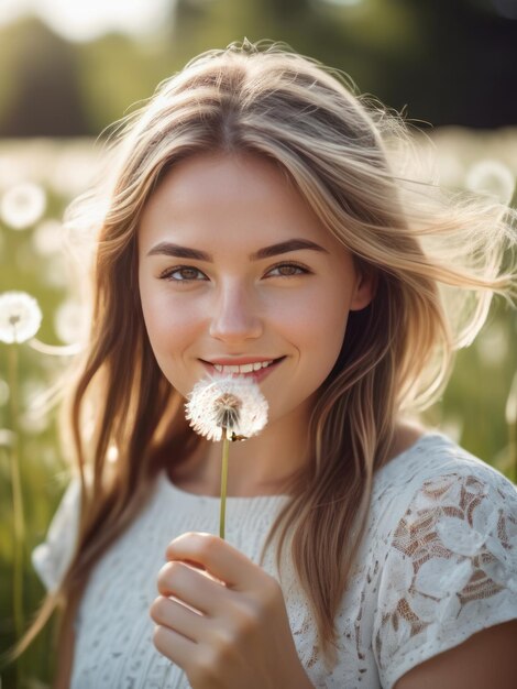 attractive beautiful girl with dandelion flower in her hand