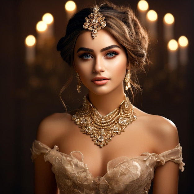 Attractive beautiful glamor woman with golden bridal jewelry in a gold and diamond necklace