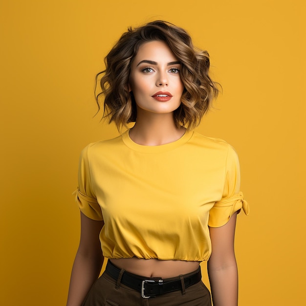 attractive and beautiful woman is standing up on yellow background