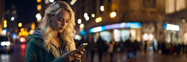 매력적인 아름다운 젊은 금발은 밤에 도시에서 그녀의 스마트 폰을 사용하여 문자 메시지를 보내고 있습니다.