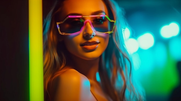 Attractive bikiniclad female clubbing at a scorching summer dance party Generative AI neon lighting