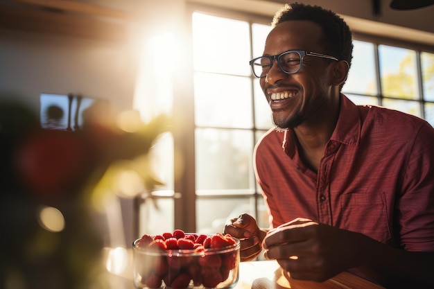 Attraente uomo nero sorridente a colazione concetto di vita sana