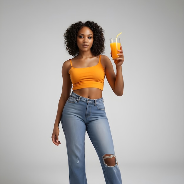 Attractive black woman holding a glass of orange juice in her hand full body plain background