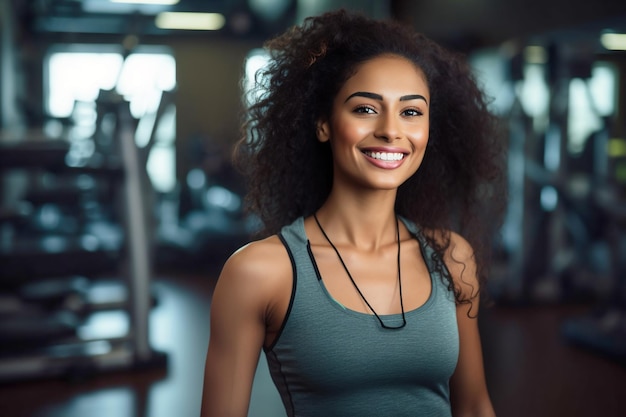 Attractive black woman in sportswear stands against the backdrop of a gym