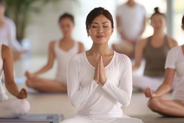 Photo attractive blond japanese woman attending yoga course with group