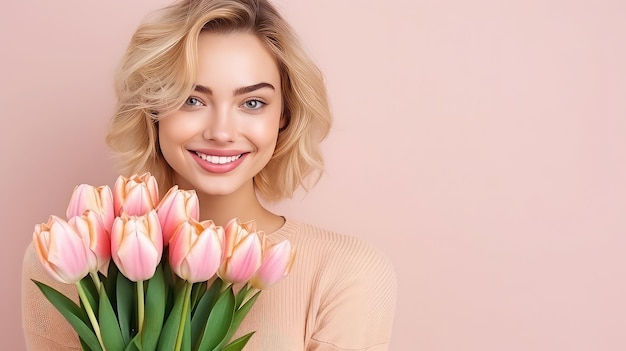 Привлекательная блондинка с улыбкой, держащая в руках кучу розовых тюльпанов, копирует космос, персик на фоне.