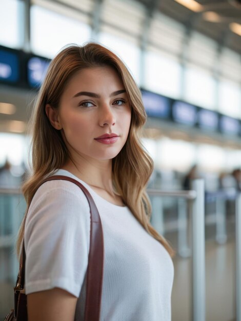 Foto attraente ragazza bionda viaggiatrice all'aeroporto