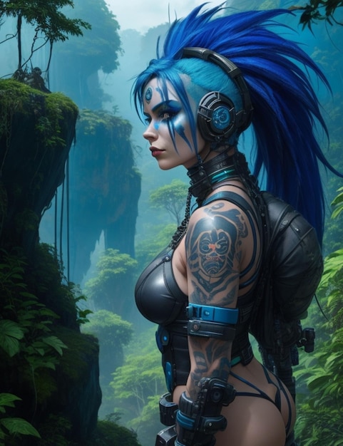 An attractive bluehaired cyber punk woman with a painted face and a septum piercing