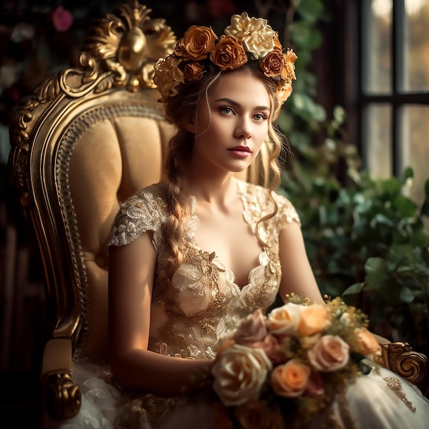 AN attractive bride in a elegant dress with a flower crown posing to the camera in indoor background