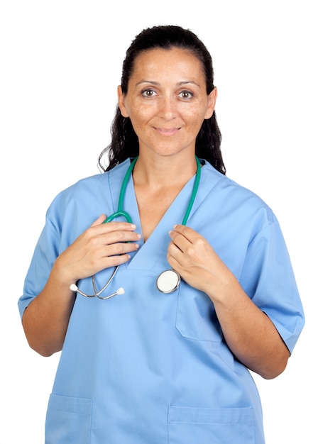 Attractive brunette doctor isolated on a over white background