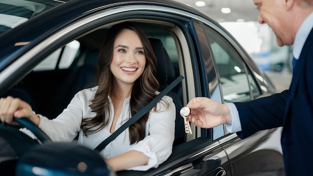 An attractive brunette woman sitting in her brand new car and taking keys from vehicle dealer