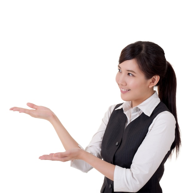 Attractive business woman introduce with hand, closeup portrait.