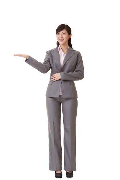 Attractive business woman introduce with hand