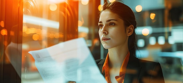 Attractive business woman reading paper while looking through glass windows