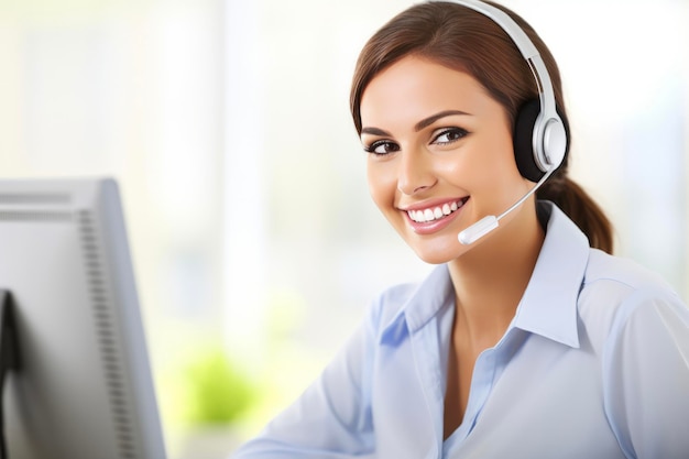 Photo attractive business woman wearing headsets are smiling while working with computer at office