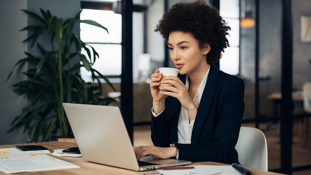 Attractive business woman working on her laptop and drinking coffee in her office