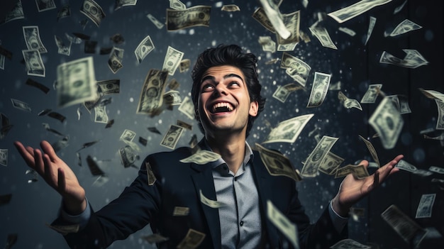 Attractive businessman stands under money fly rain isolated on black background Created with Generative AI technology