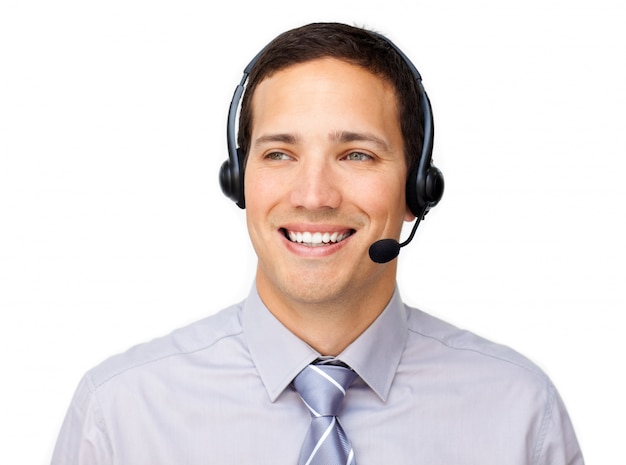 Attractive businessman talking on headset 