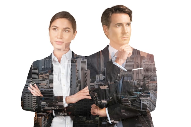 Attractive businesswoman and handsome businessman in suits\
crossed arms pose asia corporate lifestyle multinational diverse\
young professionals night bangkok city view double exposure
