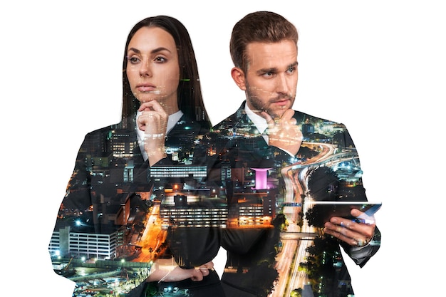 Attractive businesswoman and handsome businessman in suits\
using tablet device asia corporate lifestyle research and\
consulting concept night kuala lumpur city view double\
exposure