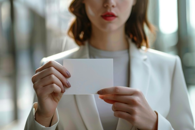 Attractive businesswoman with business card photos