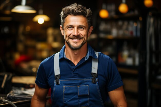 Attractive caucasian brunet bearded expert mechanic standing with metal mechanical keys in arm in s